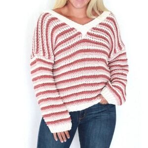POL Chenille Striped Chunky Knit Oversized V Neck Sweater Top Pink Large